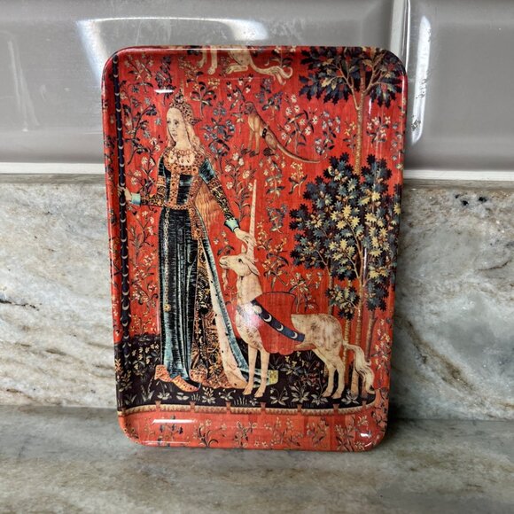 Italian Trinket Dish Renaissance Lady & The Unicorn Melamine 4x6 Medieval Art - Picture 1 of 4